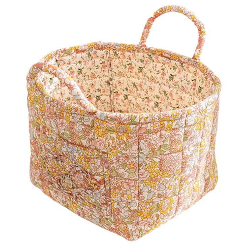 Boho Fabric Storage Basket with Handles, Large Capacity Foldable Floral Organizer for Clothes and Sundries, Quilted Puffer Tote Bag for Home, Picnic, Shopping, Travel