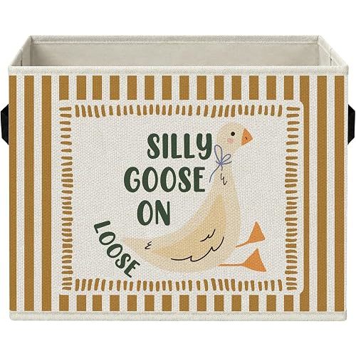 Funny Goose Nursery Storage Bins with Handles, Farm Animal Nursery Orange Striped Foldable Collapsible Storage Basket Organizer for Kids Boys Girls Room Bedroom Bathroom Books Clothes