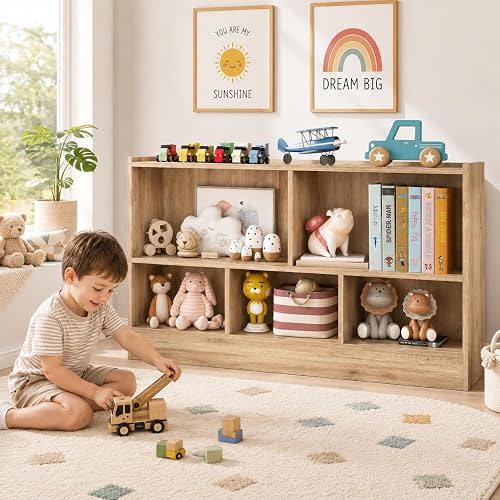 HONEY JOY Kids Toy Storage Organizer, 5-Section Storage Daycare Shelf for Preschool, Children 2-Tier Open Wooden Display Book Shelf Organizer for Classroom, Playroom & Nursery, Kindergarten(Natural)