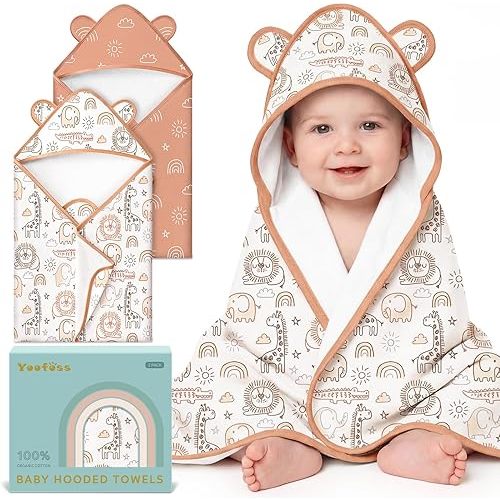 Yoofoss Hooded Baby Towels for Newborn 100% Organic Cotton Baby Bath Towel with Hood for Babies, Infant, Toddler and Kids, 32x32Inch, Soft and Absorbent Newborn Essential