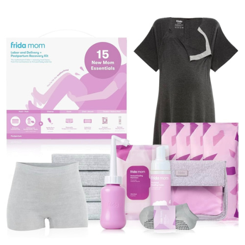 Frida Mom 15pc Labor & Postpartum Kit Gift Set for Baby Showers & Mom to Be, Includes Peri Bottle, Nursing Gown, Disposable Underwear, Ice Maxi Pads, Pad Liners, Perineal Foam, Socks & Toiletry Bag