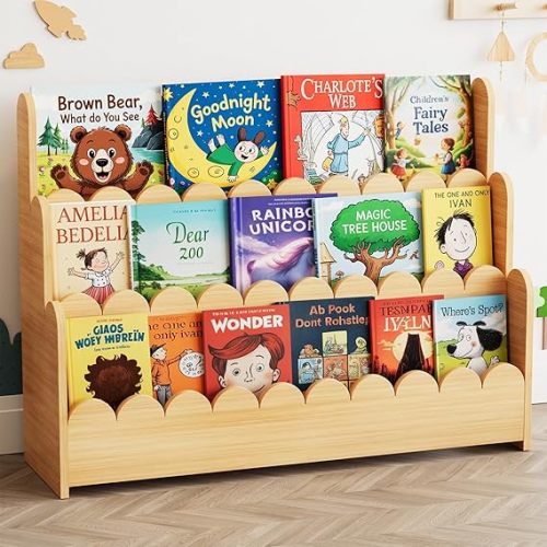 SpaceAid 3-Tier Scalloped Bookshelf, Montessori Bookcase for Toddlers, Wooden Book Shelf Organizer Display Furniture for Kids Rooms, Playroom, Nursery and Classroom, 36.7“ Wide, Natural