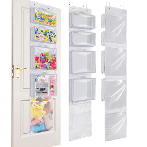 Over Door Organizer and Storage, Hanging Toy Holder with 4 Clear Removable Pouches, Toddler Room Wall Stuffed Animal Bag Case, Kids Playroom Closet Organization for Building Block, Puzzle