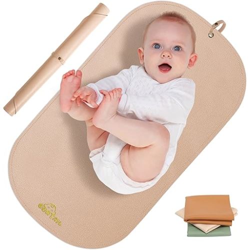 Portable Baby Diaper Changing Mat,Soft Faux Leather, Wipeable & Easy to Clean,for Home or Travel, Waterproof, with Storage Strap,Easily Put into Diaper Bag,30 x 17 in (Beige)