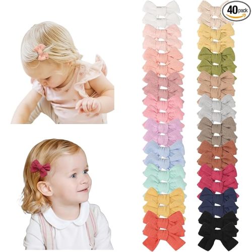 CÉLLOT 40 Pieces 2inch Girls Hair Bows Linen Fabric Bows Alligator Clips Hair Accessories for Baby Toddlers and Infants（20 Pairs Mini Bow）