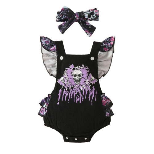 SANSIWU Infant Baby Girl Halloween Romper Skull Print Sleeveless Tiered Ruffled Jumpsuits Headband Outfits