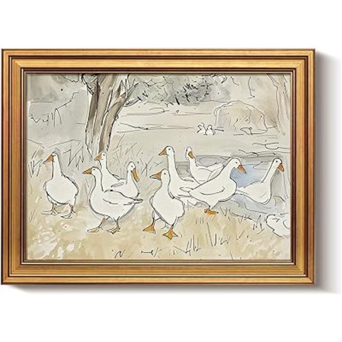 Bzstyleart Vintage Wall Art Decor for Living Room,Gold Framed Canvas Wall Art Home Aesthetic,Vintage Duck Decor,Duck Painting,12 x 16 Inch