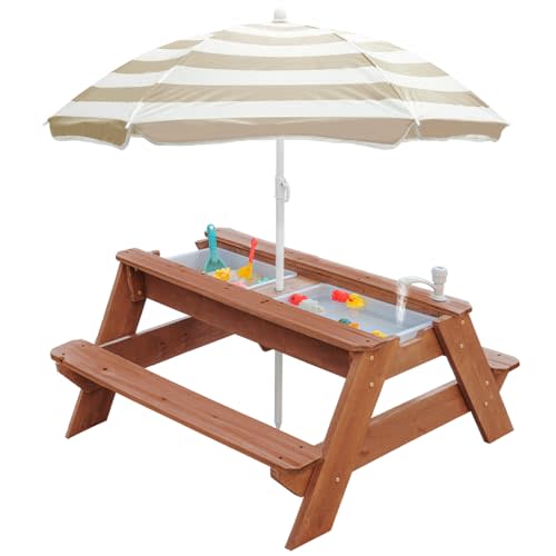 K LUCKIDS Kids 3-in-1 Sand & Water Activity Table, Wood Outdoor Convertible Picnic Table, 2 Play Boxes, Removable Top with Faucet, Picnic for Outdoor (Brown/Brown)