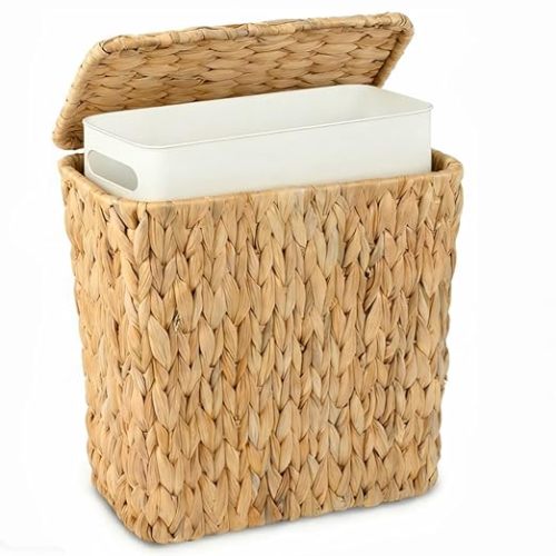 Wicker Trash Can,2.5 Gallon Bathroom Trash Can with Lid,Natural Water Hyacinth Wicker Waste Basket with Removable Liner, for Bedroom, Toilet, Narrow Spaces