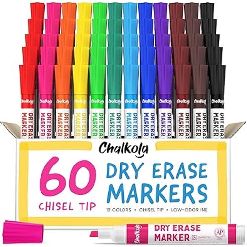 Chalkola Dry Erase Markers Bulk Pack of 60 (12 Vibrant Colors), Chisel Tip White Board Markers Dry Erase Pens - Whiteboard Markers for Kids, Home, Office Supplies, Back to School Supplies