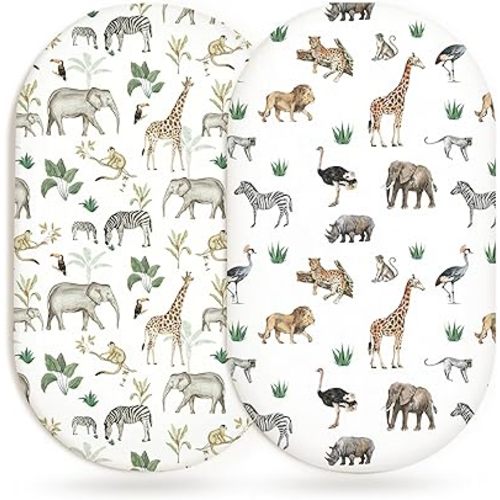 Bassinet Sheets for Baby Girls Boys 2 Pack, Fitted Baby Mattress Sheet for Rectangle, Oval, Hourglass Bassinet Mattress, Breathable Cozy & Universal Fit (Jungle Journey, Bassinet Sheet)