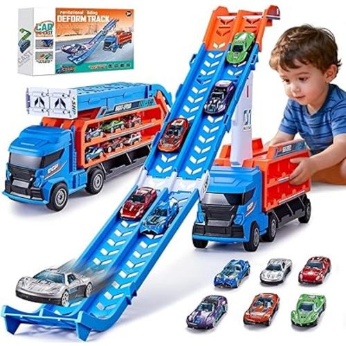 Race Track Truck Toys for 3 4 5 6 Years Old Kids - Carrier Truck Transport Car with 6 Die-Cast Cars Toys, 4-in-1 Truck with 2 Foldable Race Tracks, Christmas Birthday Gifts Toy for Toddler Boys, Blue