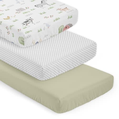 Sweet Jojo Designs 3-Piece Baby Crib Sheets Set (Farm Animals) for Girls/Boys, Infant Nursery, Toddler Room - Fitted, Standard Size (White & Grey Lattice, Solid Sage Green & Watercolor Farmhouse Barn)