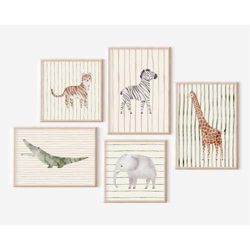 Safari Animal Art Print Set | Neutral Stripe Kids Room Nursery Gallery Wall | Serena & Lily + Amber Interiors Inspired Jungle Collection