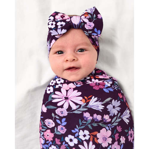 Violet Meadow Swaddle & Luxe Bow Headband Set | Little Sleepies