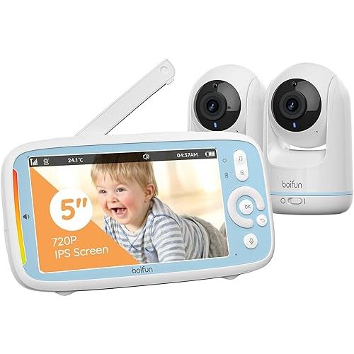 360 View Baby Monitor, No Wi-Fi, Quick Pairing, Boifun 5'' 3X Zoom Display, Rotatable Video Baby Monitor Cameras, IPS 720p Wireless (Moniteur Bébé), VOX