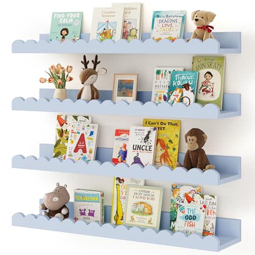 Shario Nursery Book Shelves, 4-Pack White Floating Shelves for Wall Kids, Scalloped Shelves, Wall Book Shelves for Bedroom Kids, Toddler Room, Baby Room, Nursery Decor(Blue, 23 Inches)