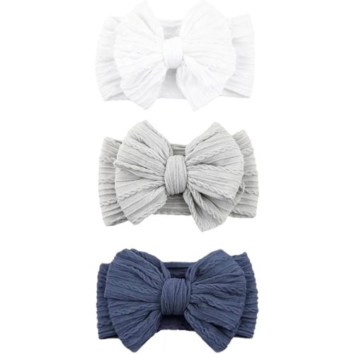 3 Pcs White Grey Blue Baby Bows Headbands Soft Nylon Hairbands Super Elastic Headband Hair Accessories For Baby Girls Infant Toddler Essentials (White Grey Blue)