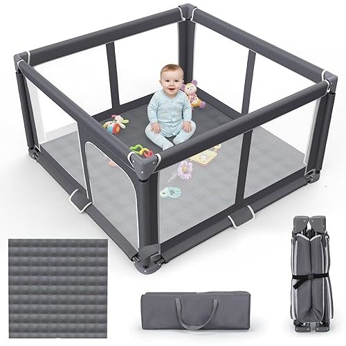 Foldable Baby Playpen with Mat, 50"x50" Safety Play Yard for Babies & Toddlers - Indoor & Outdoor Use with Carry Bag - Collapsible, Portable Play Yard, Dark Gray