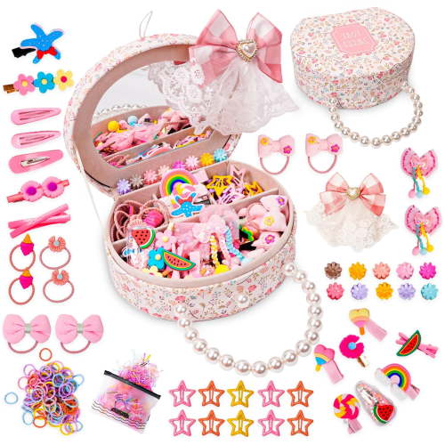 PADUKU Girls Hair Accessories Box Including Jewelry Box/Hair Clips/Hair Barrettes/Hair Ties/Hair Bows Set Christmas Gifts for Girls