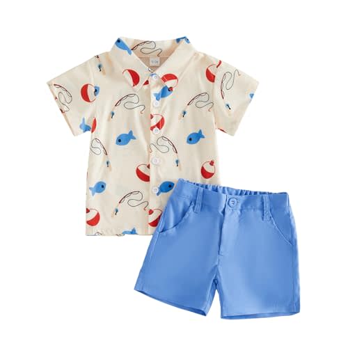 Tsnbre Toddler Baby Boy Summer Clothes 6 12 18 24 Month 2T 3T 4T 5T Fishing Outfit Shorts and Shirt Farm Boys Clothing Set