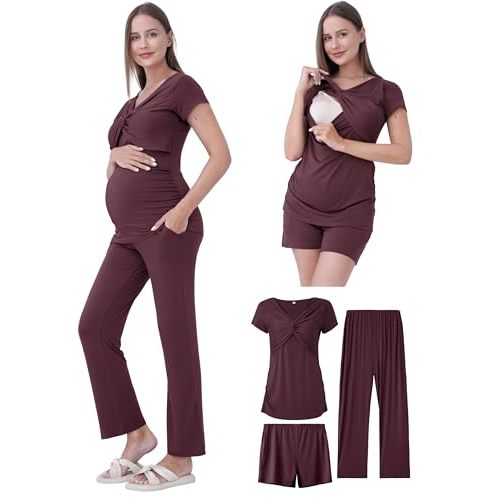 QUNISY Maternity Nursing Pajamas Set 3PCS, Breastfeeding Tops, Adjustable Shorts & Pants, Postpartum Hospital Bag Essentials