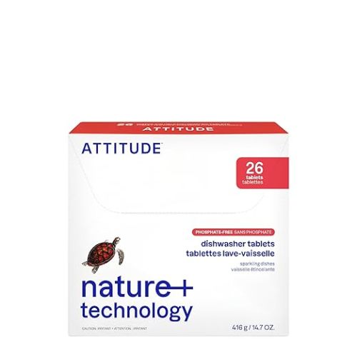 ATTITUDE Dishwasher Pods, Plant-Based & Vegan, Phosphate-Free Detergent Tablets, Naturally Derived, Unscented, 26 Count