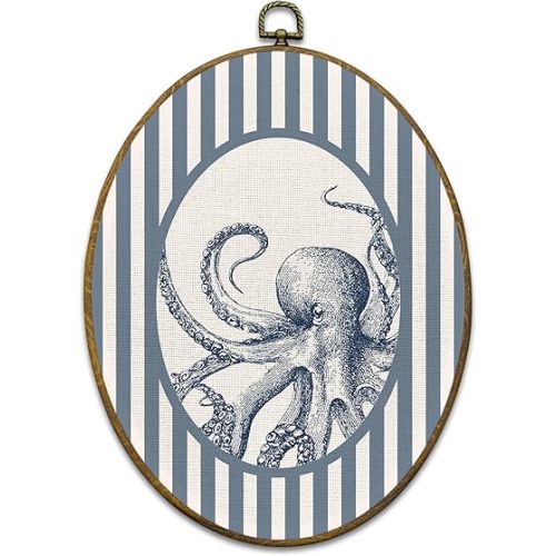 Mcehtle Coastal Beach Octopus Wall Art Decor, Ocean Beach Nursery Framed Canvas Prints 8.6x11.4, Ocean Octopus Blue Striped Oval Wall Hanging Artwork Decorations for Kids Nursery Room Bedroom Home