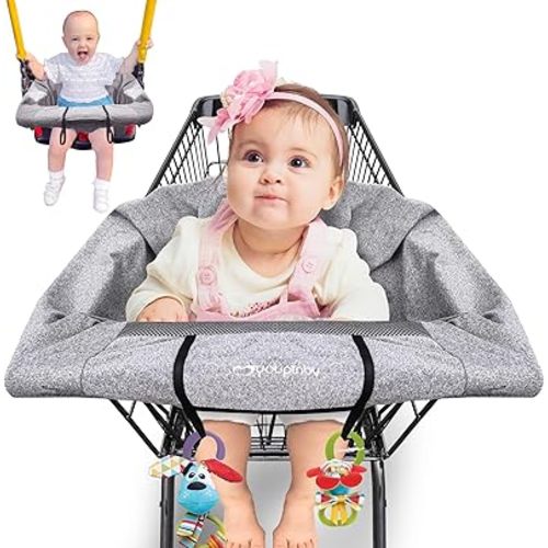 2-in-1 Shopping Cart Cover and Cushy High Chair Cover for Baby, Universal Fit Cart Cover for Babies, Comfortable Cover for Grocery Cart, Must Have Baby Gift, Machine Washable, Gray