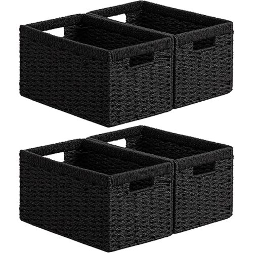 joybest Wicker Storage Baskets, Set of 4 Hand-Woven Paper Rope Wicker Baskets for Organizing, Foldable Rectangular Storage Organizer Bins for Shelves with Built-in Handles 13.4L x 8.3W x 7.1H, Black