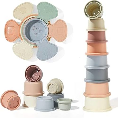 Bath Toys Stacking Cups and Bathing Spoons, 14 PCS Stacking Toys for Toddlers 1-3 /Babies 6-12 Months, Mold Free Bathtub/Water Table /Pool Toys Toddler Birthday Gift for Preschool Boys/Girls