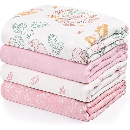 GLLQUEN BABY Muslin Swaddle Blankets 4-Pack Breathable Receiving Blankets (35" x 40") Soft Baby Blankets for Girls and Boys Newborn Essentials Muslin Burp Cloths Swaddle Wrap Baby Gift(Pink Elephant)