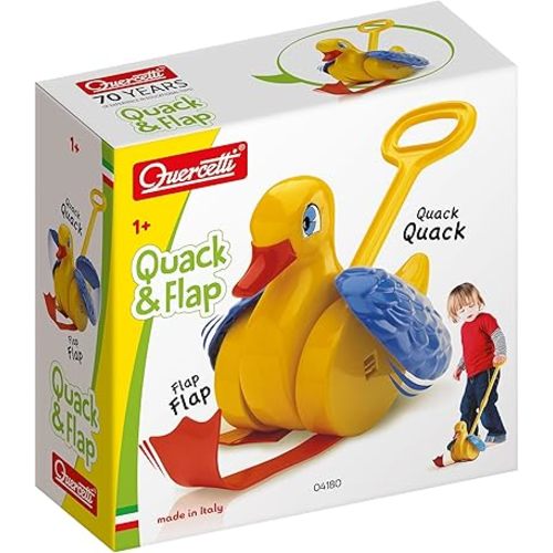 Quercetti Quack and Flap Duck Push Toy - Makes Sounds and Flaps Wings as it Rolls, Helps Toddlers Learn First Steps and Promotes Walking, for Kids Ages 1 - 3 Years , Yellow