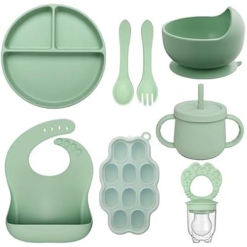 8 PCS Baby Feeding Set - Suction Plate, Bowl, Bib, Spoon, Fork, Fruit Feeder & Food Freezer Tray for Babies.