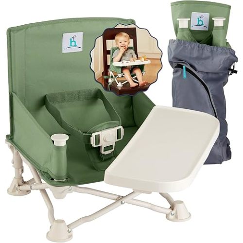 Hiccapop OmniBoost Travel Booster Seat with Tray for Baby | Folding Portable Baby Booster Seat for Dining Table, Camping, Beach, Grandma’s | Tip-Free Design Straps to Kitchen Chairs - Booster Chair