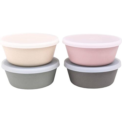 WeeSprout Bamboo Kids Bowls with Lids, Set of Four 10 oz Kid-Sized Dinnerware, Cereal, Leftovers & Snack Bowl, Dishwasher Safe (Pink, Green, Gray, & Beige)