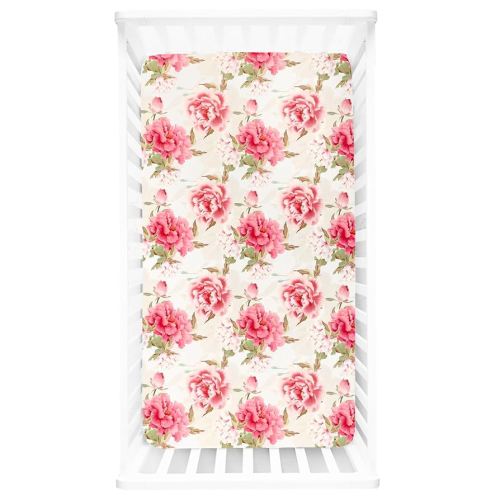 Crib Sheets for Girls Boys, HNHUAMING Neutral Crib Sheet Fitted, Ultra Soft Baby Crib Sheets 52'' X 28'' inch Fits for Standard Crib & Toddler Mattress, Pink Peony Floral