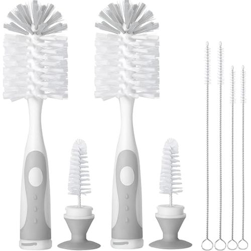 Gray Baby Bottle Brush 2-Pack, Suction Base & Hidden Cleaner | 2-pack nylon baby bottle wash kit with concealed detail brush & straw cleaners for high-efficiency daily accessory care.