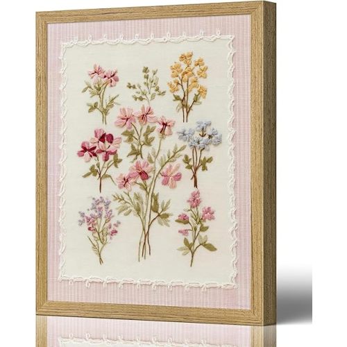 Framed Pink Wildflowers Canvas Wall Art Floral Nursery Painting Picture Wall Decor Boho Minimalist Floral Poster Print Artwork for Girl‘ Room Nursery Bedroom Guest Room Home Decoration,8X10 Inch