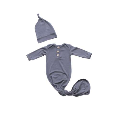 Newborn Gray Gown Set with Knotted Hat, Handmade in USA