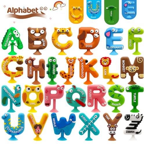 Suction Bath Toy for Toddler, 26PCS Animal Alphabet, Montessori Sensory Toy Gift for Kids Aged 3-12, Educational Spelling for Autism/ADD/ADHD,No Hole Bath Toy for Baby Toddlers