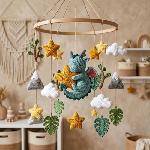 Personalized Crochet Baby Mobile, Nursery Decor, Fairy Dragon Amigurumi Crochet Mobile, Baby Shower Gift, Newborn Gift,Gift For Dragon Lover