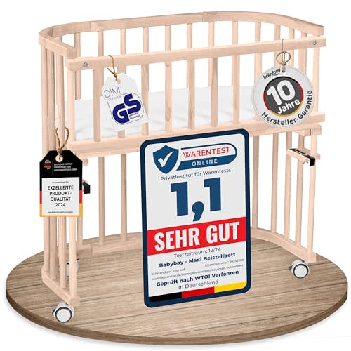 babybay Maxi Extra Large Side Bed Made of Solid Beech Wood/Children's Bed Height Fully Adjustable & Environmentally Friendly/with Mattress, Grid, Wheels (Natural Untreated)