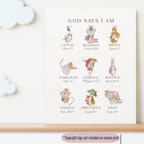 Beatrix Potter Nursery Canvas: God Says I Am, Christian Kids Decor, Wall Art