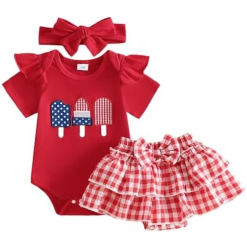 Adobabirl 4th of July Baby Girl Outfits My First 4th of July Romper Onesie Layered Skort Headband Cute Patriotic Clothes