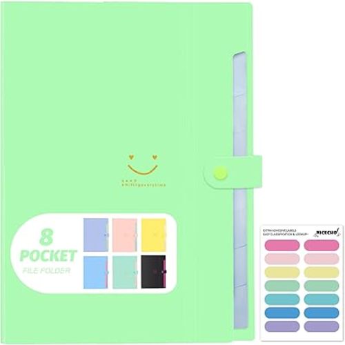 Expanding File Folder, 8 Pockets Accordion File Organizer, A4 Letter Size Paper Document Receipt Organizer Accordian Filing Folder for Classroom, Home, Office and Travel(Grass Green)