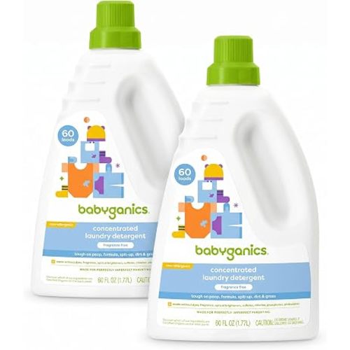 Babyganics 3X Baby Laundry Detergent,HE compatible,Stain-Fighting,Fragrance Free,60 Fl Oz,(Pack of 2)