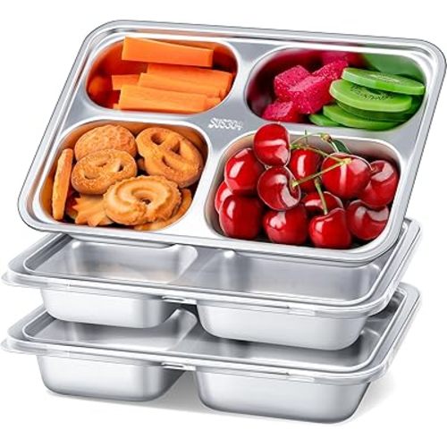 Stainless Steel Snack Containers with Lids - 3 Pack - 4 Compartment Bento Snack Boxes - Reusable Meal Prep Lunch Containers for Kids and Adults - Divided Food Storage for School, Home, Travel