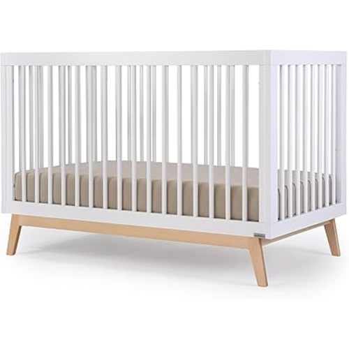 dadada Baby Soho 3-in-1 Convertible Wooden Crib to Toddler Bed - Made in Italy, GREENGUARD Gold Certified, Baby-Safe Finish, Handcrafted Beechwood, Modern Design, 3 Adjustable Heights (White/Natural)