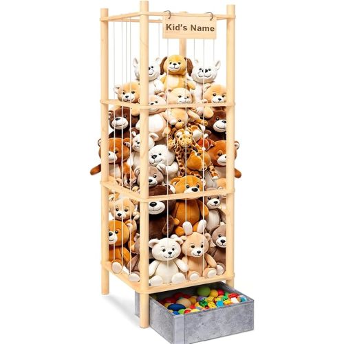 Stuffed Animal Storage with Tiny Toys Tray, 57In Large Wooden Stuffy Plushies Storage Holder Extra Large Capacity Stuffed Animals Zoo Organizer for Toddler Rooms, Playrooms & Bedrooms